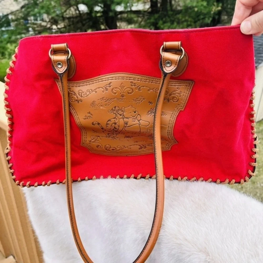 Winnie the Pooh Red Canvas Tote Bag Faux Leather Trim Large Purse